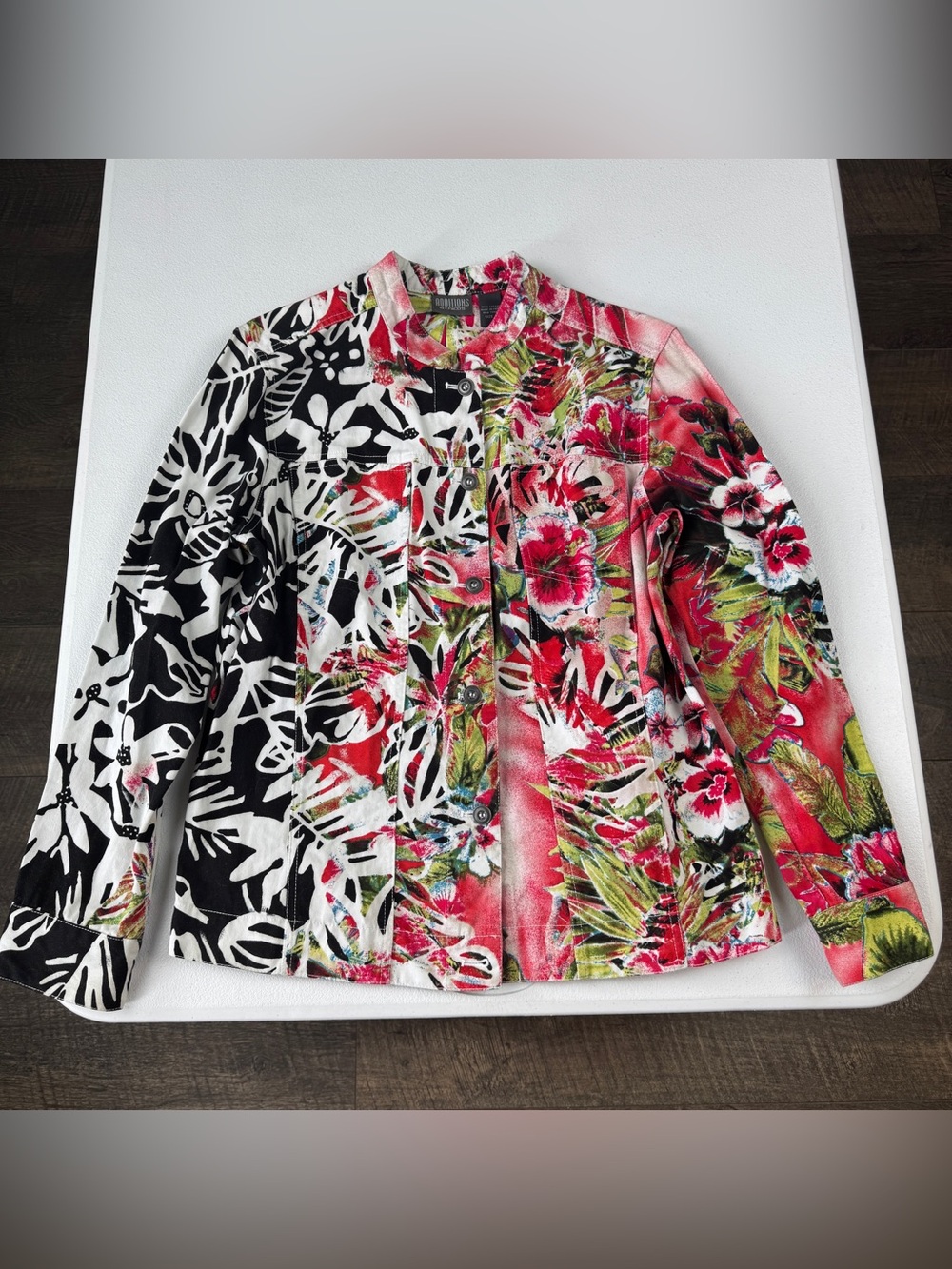 Chicos Additions Size 2 Button Front Jacket Womens L/12 Tropical Floral Cotton
